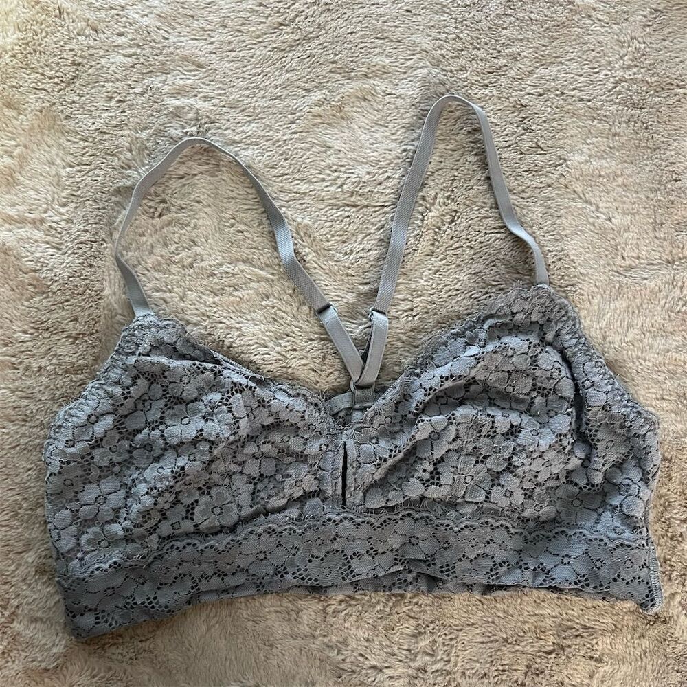 Aerie Women's Gray Lace Longline Bralette Standard M Racerback Floral Pu…